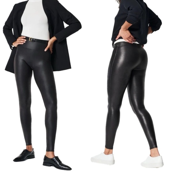 SPANX XL Black Faux Leather Mid Rise Leggings‎ Semi-Shiny - Picture 1 of 8